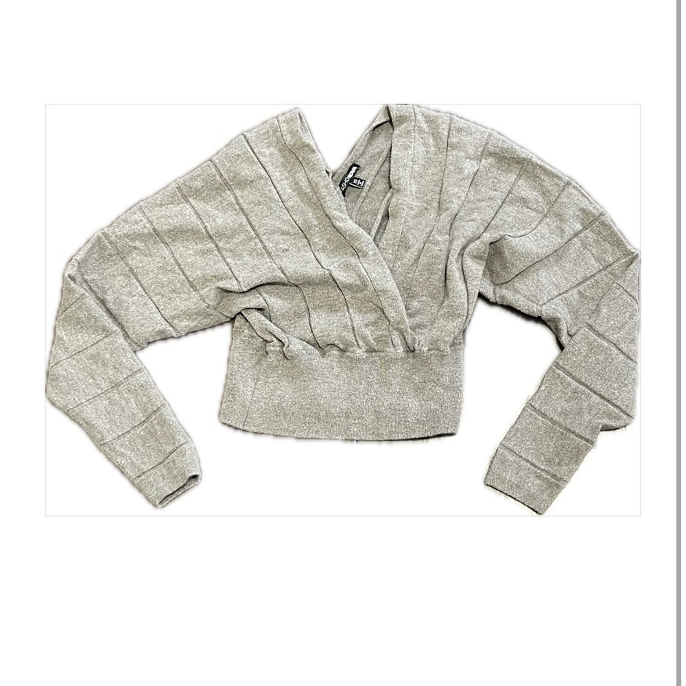 Fashion Nova Cropped Wrap Sweater XS Gray Ribbed Long Sleeve Crop Top